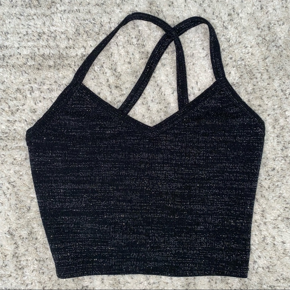 FOREVER 21 | Cropped black and glitter tank top with crisscross back straps